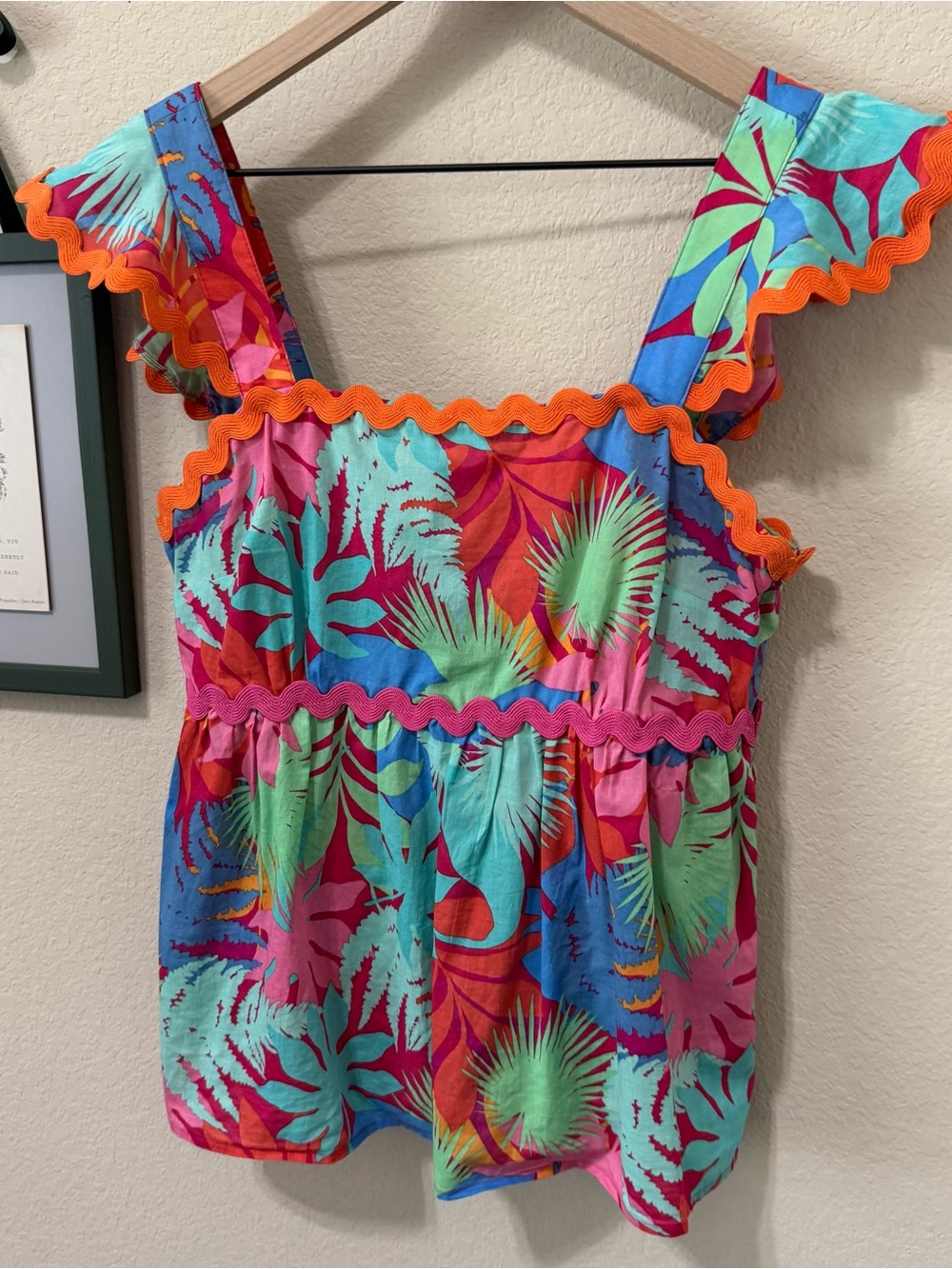 GREYLIN | Tropical Print Ruffle Tank Top with Ric Rac Size Small - Picture 2 of 12